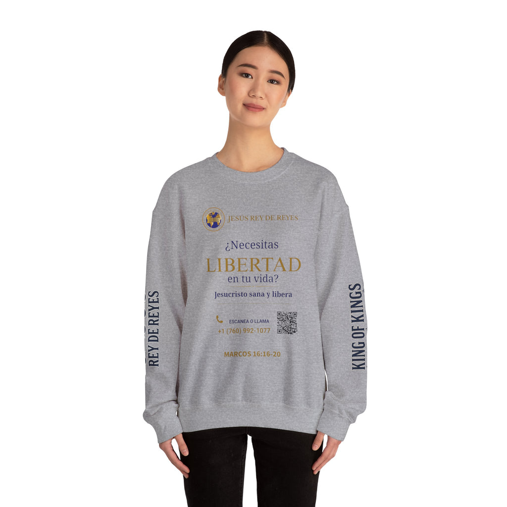 Christian Jesus Is Lord Crewneck Sweatshirt — "¿Necesitas Libertad / Liberación?" Spiritual Outreach Design