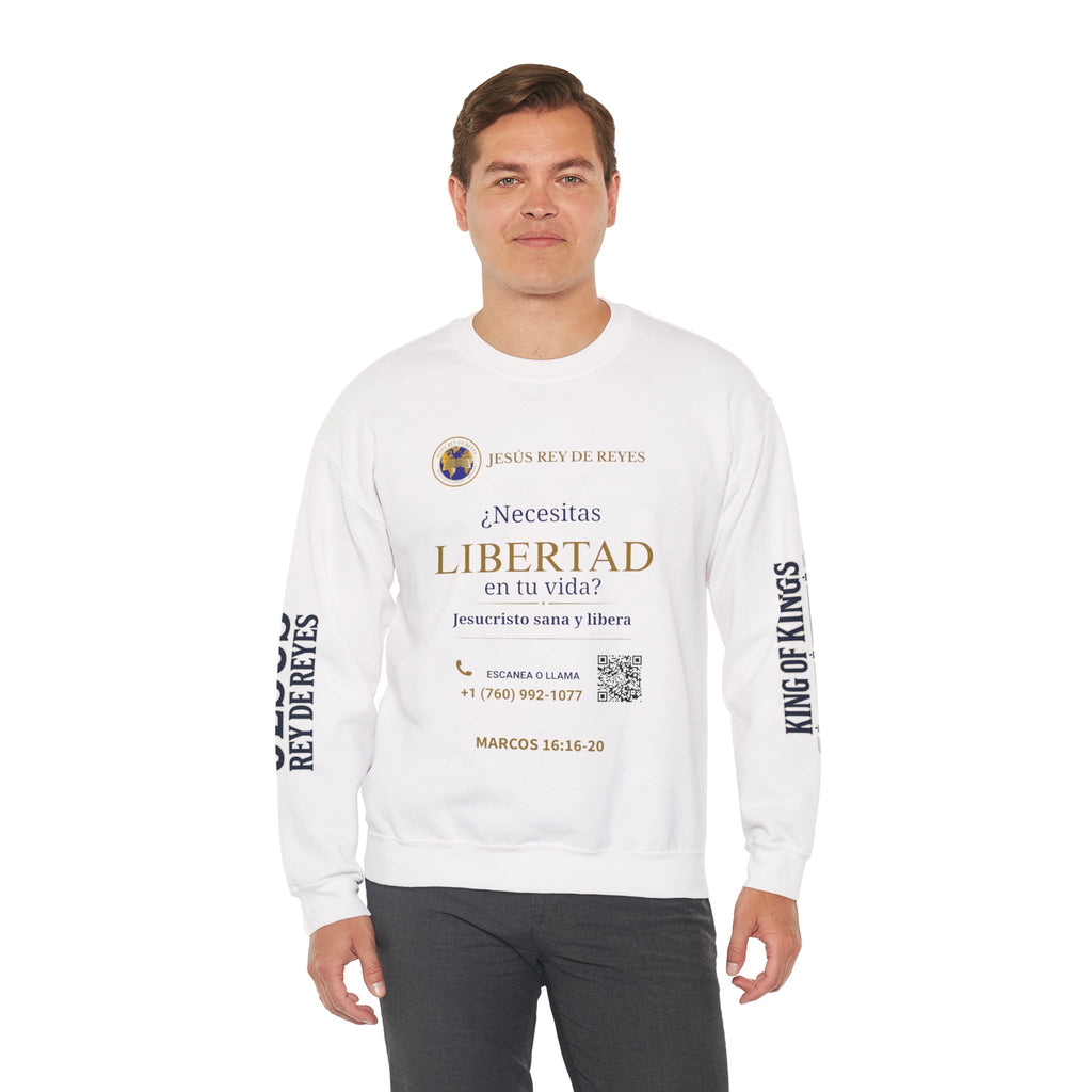 Christian Jesus Is Lord Crewneck Sweatshirt — "¿Necesitas Libertad / Liberación?" Spiritual Outreach Design