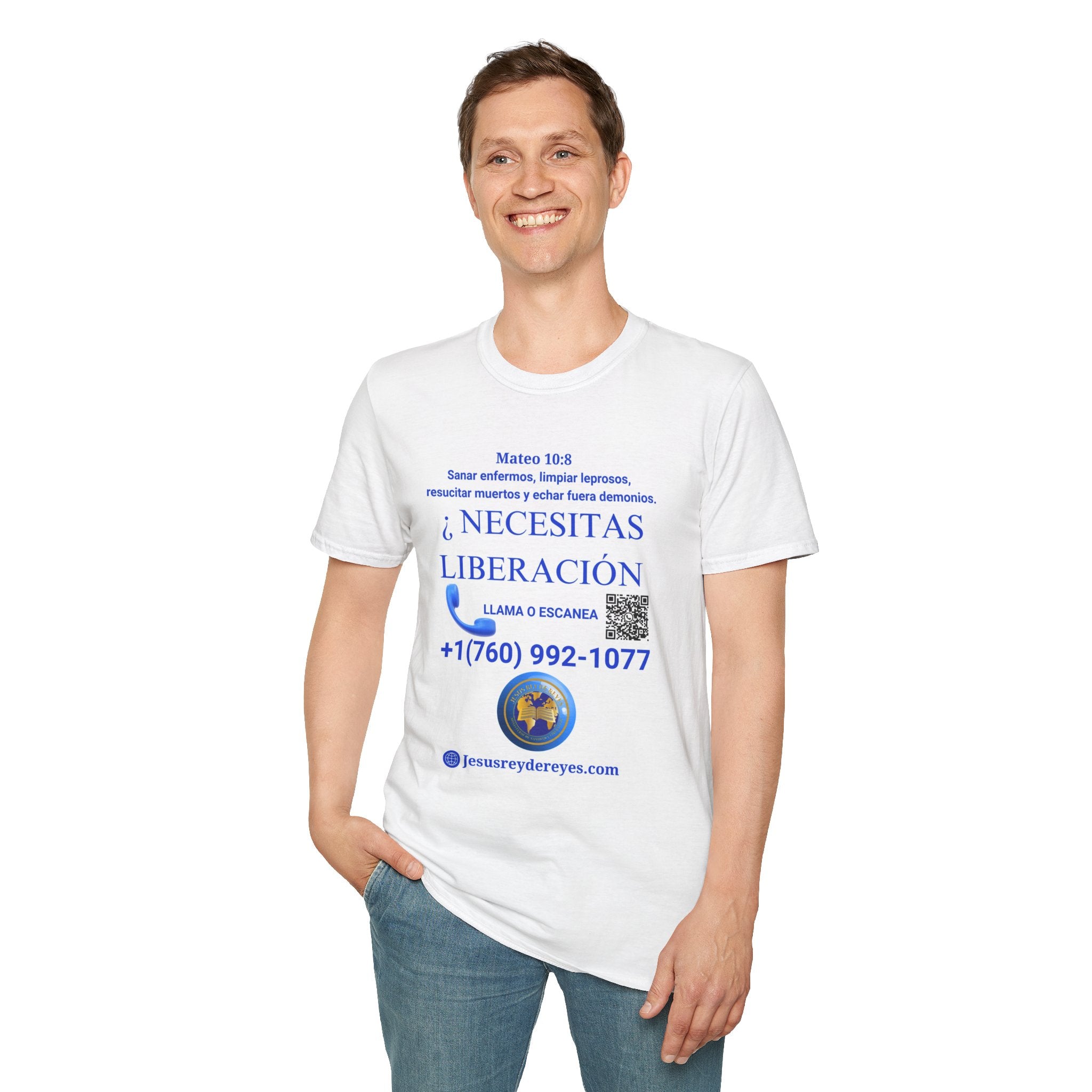 Evangelization Jesus Cristo Sana Y Libera Spanish Themed White T-Shirt  Unisex— ¿Necesitas Libertad? Spanish Faith Outreach Tee with Phone & QR