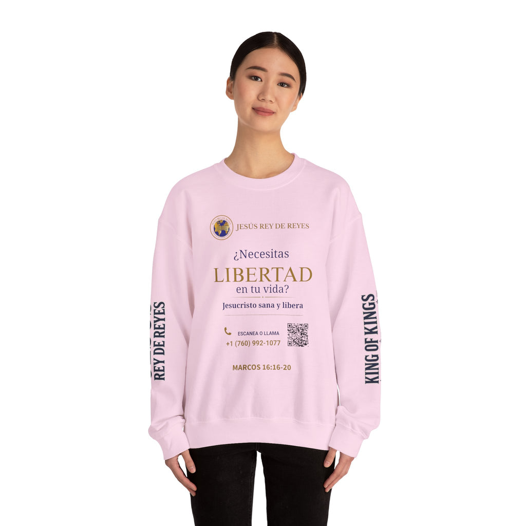 Christian Jesus Is Lord Crewneck Sweatshirt — "¿Necesitas Libertad / Liberación?" Spiritual Outreach Design