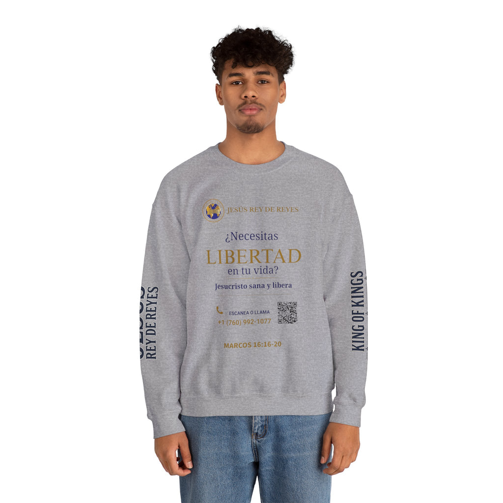 Christian Jesus Is Lord Crewneck Sweatshirt — "¿Necesitas Libertad / Liberación?" Spiritual Outreach Design