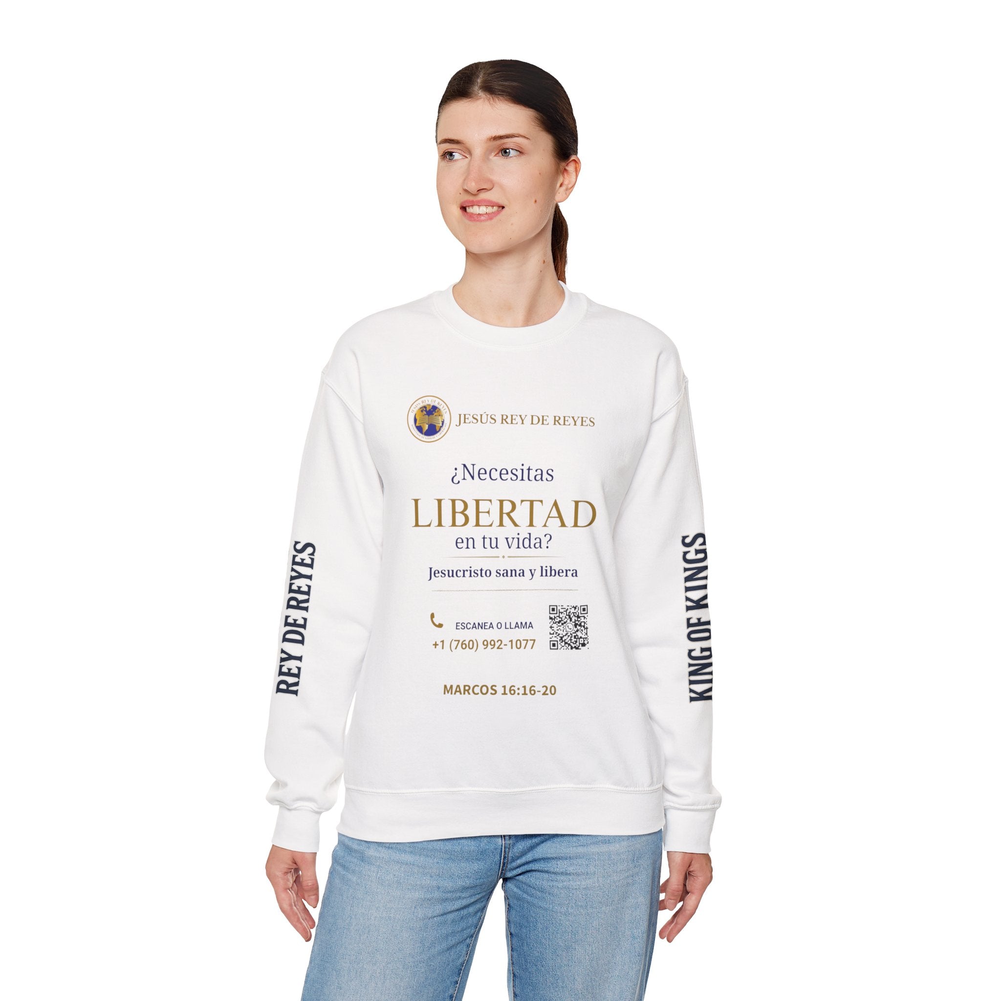 Christian Jesus Is Lord Crewneck Sweatshirt — "¿Necesitas Libertad / Liberación?" Spiritual Outreach Design