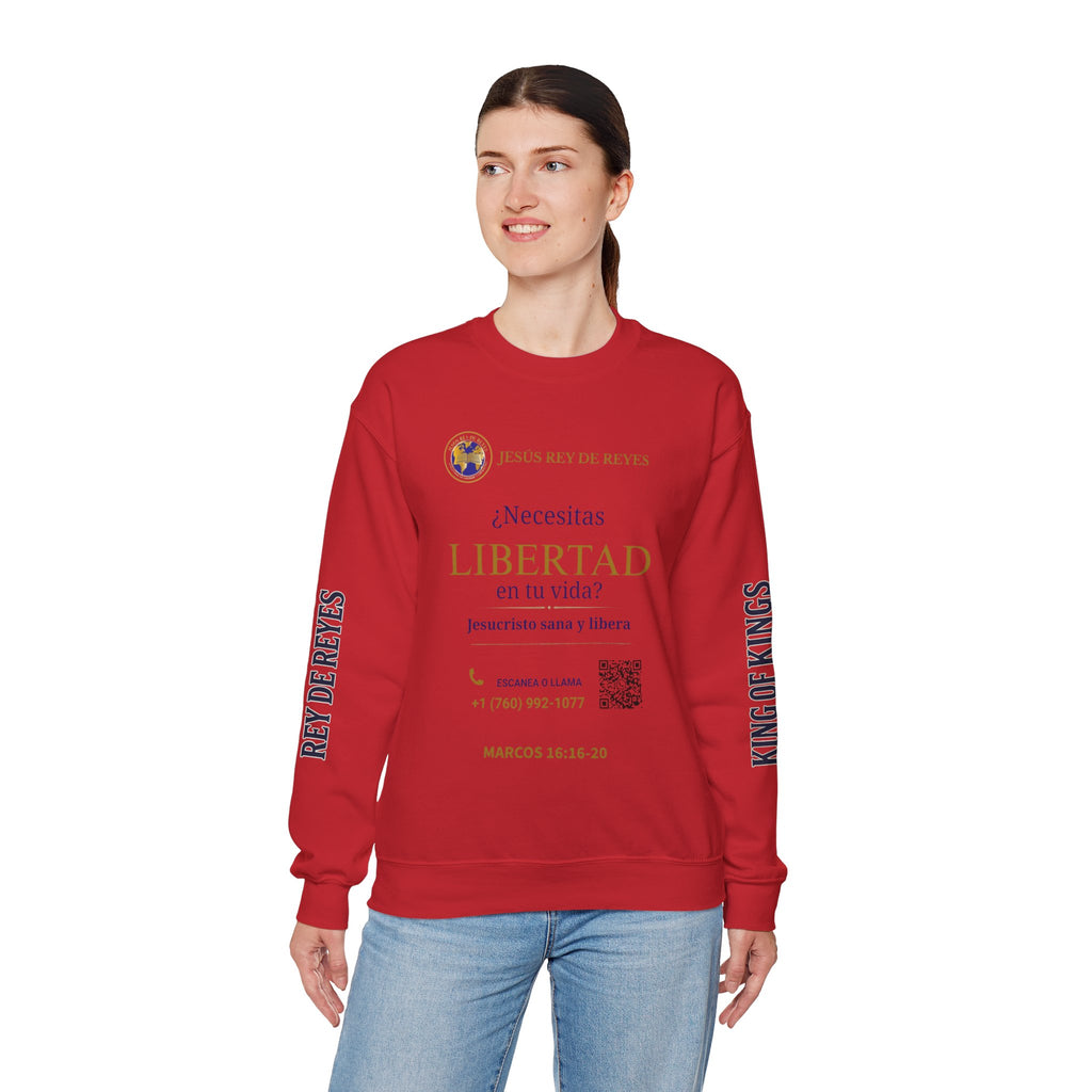 Christian Jesus Is Lord Crewneck Sweatshirt — "¿Necesitas Libertad / Liberación?" Spiritual Outreach Design