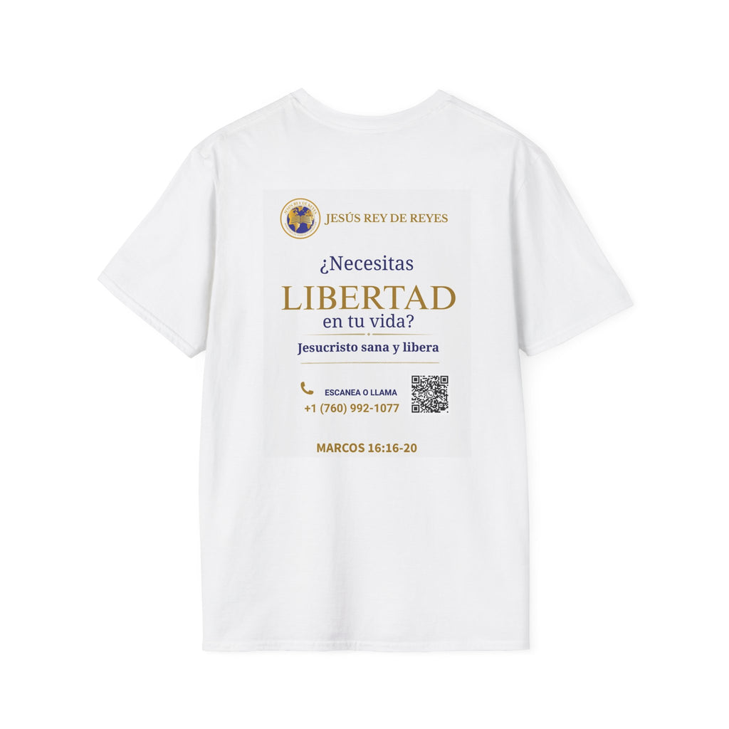 Evangelization Jesus Cristo Sana Y Libera Spanish Themed White T-Shirt  Unisex— ¿Necesitas Libertad? Spanish Faith Outreach Tee with Phone & QR