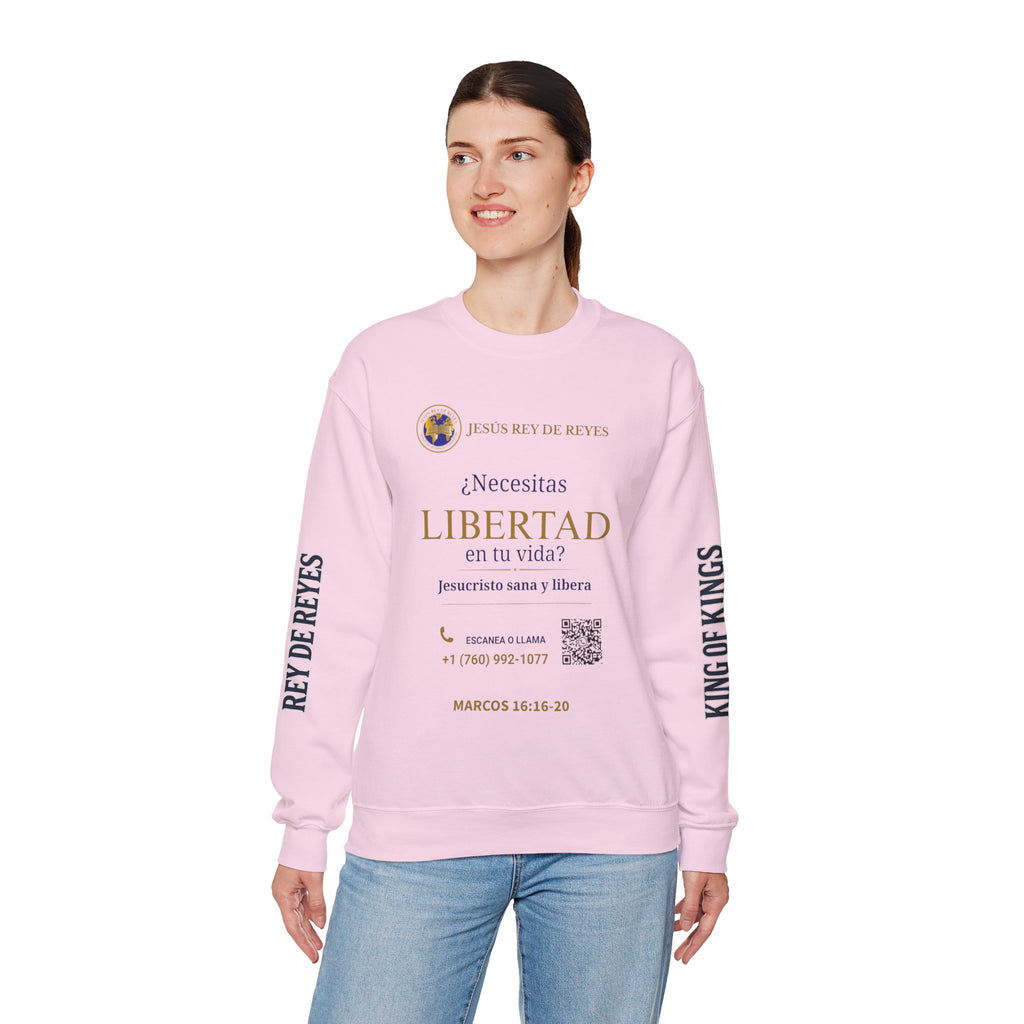 Christian Jesus Is Lord Crewneck Sweatshirt — "¿Necesitas Libertad / Liberación?" Spiritual Outreach Design