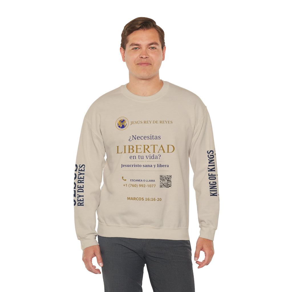 Christian Jesus Is Lord Crewneck Sweatshirt — "¿Necesitas Libertad / Liberación?" Spiritual Outreach Design