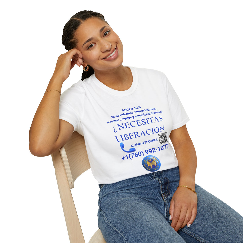 Evangelization Jesus Cristo Sana Y Libera Spanish Themed White T-Shirt  Unisex— ¿Necesitas Libertad? Spanish Faith Outreach Tee with Phone & QR
