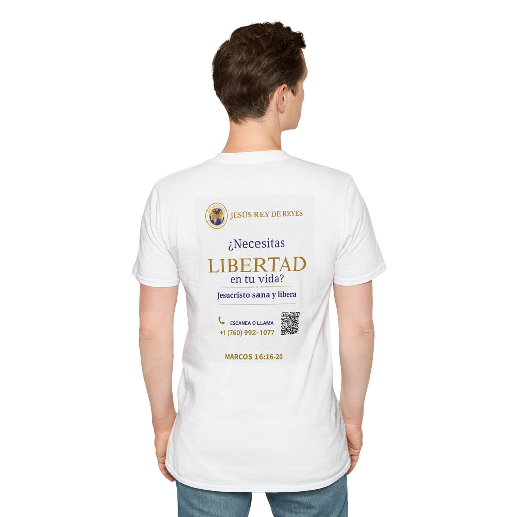 Evangelization Jesus Cristo Sana Y Libera Spanish Themed White T-Shirt  Unisex— ¿Necesitas Libertad? Spanish Faith Outreach Tee with Phone & QR