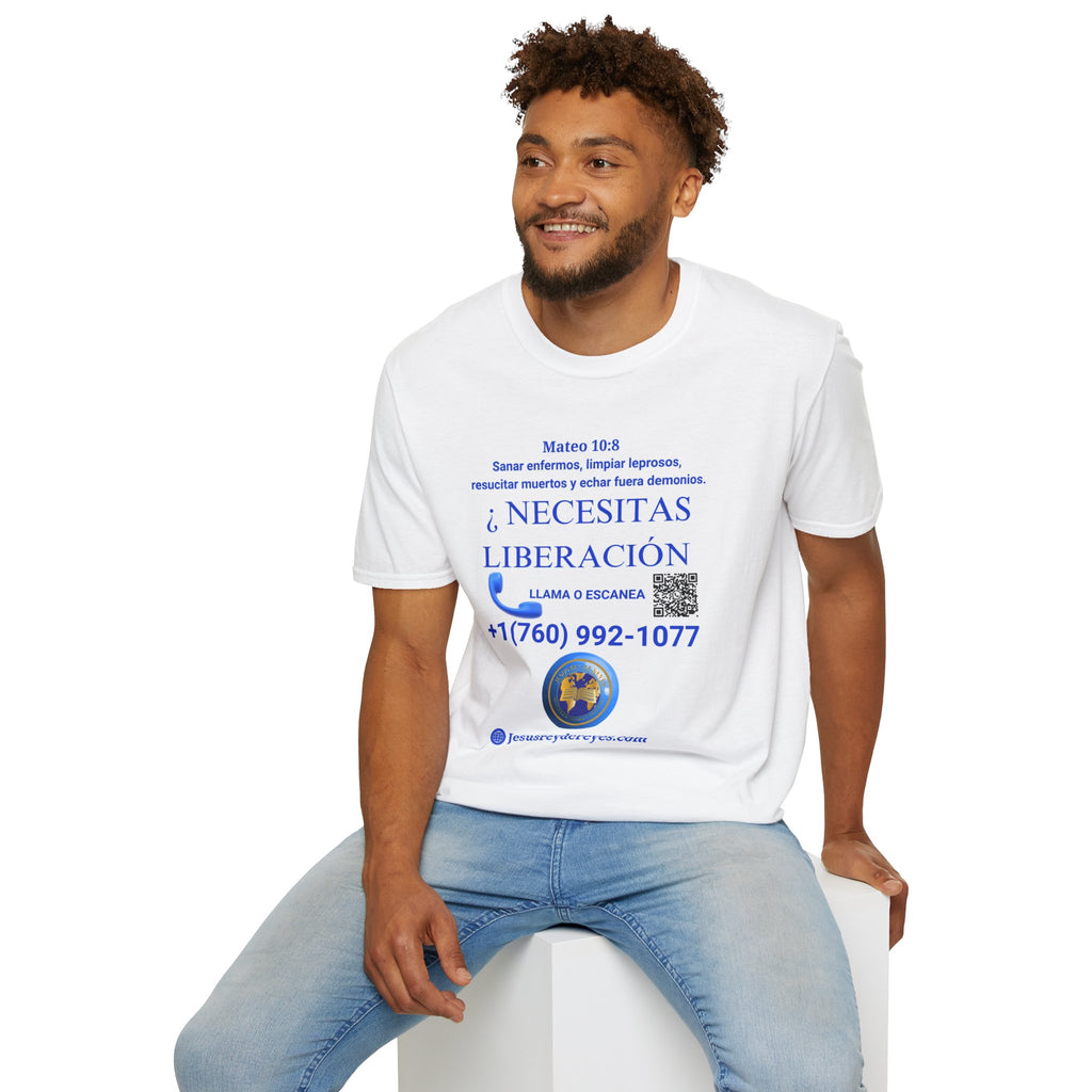 Evangelization Jesus Cristo Sana Y Libera Spanish Themed White T-Shirt  Unisex— ¿Necesitas Libertad? Spanish Faith Outreach Tee with Phone & QR