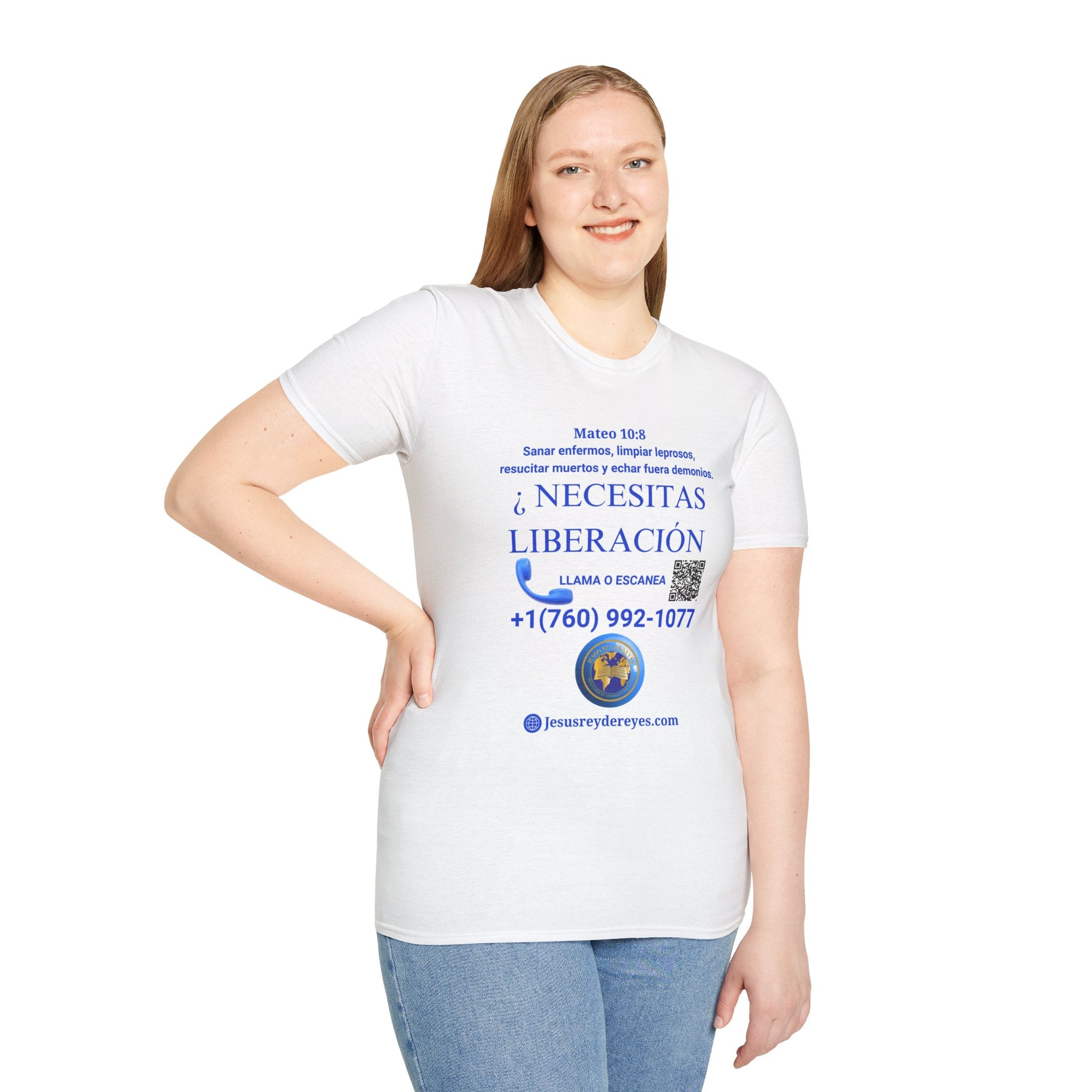 Evangelization Jesus Cristo Sana Y Libera Spanish Themed White T-Shirt  Unisex— ¿Necesitas Libertad? Spanish Faith Outreach Tee with Phone & QR