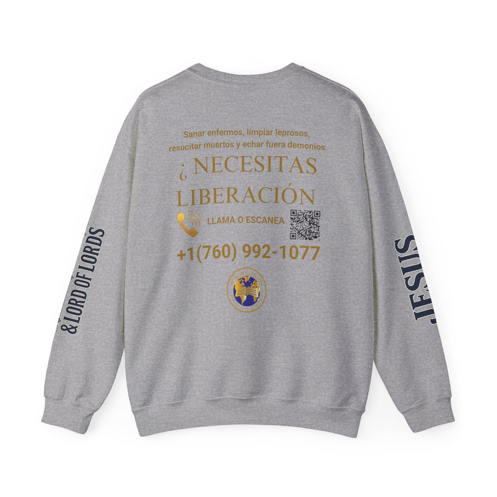 Christian Jesus Is Lord Crewneck Sweatshirt — "¿Necesitas Libertad / Liberación?" Spiritual Outreach Design