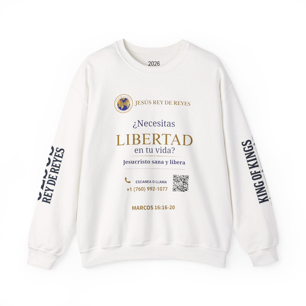 Christian Jesus Is Lord Crewneck Sweatshirt — "¿Necesitas Libertad / Liberación?" Spiritual Outreach Design