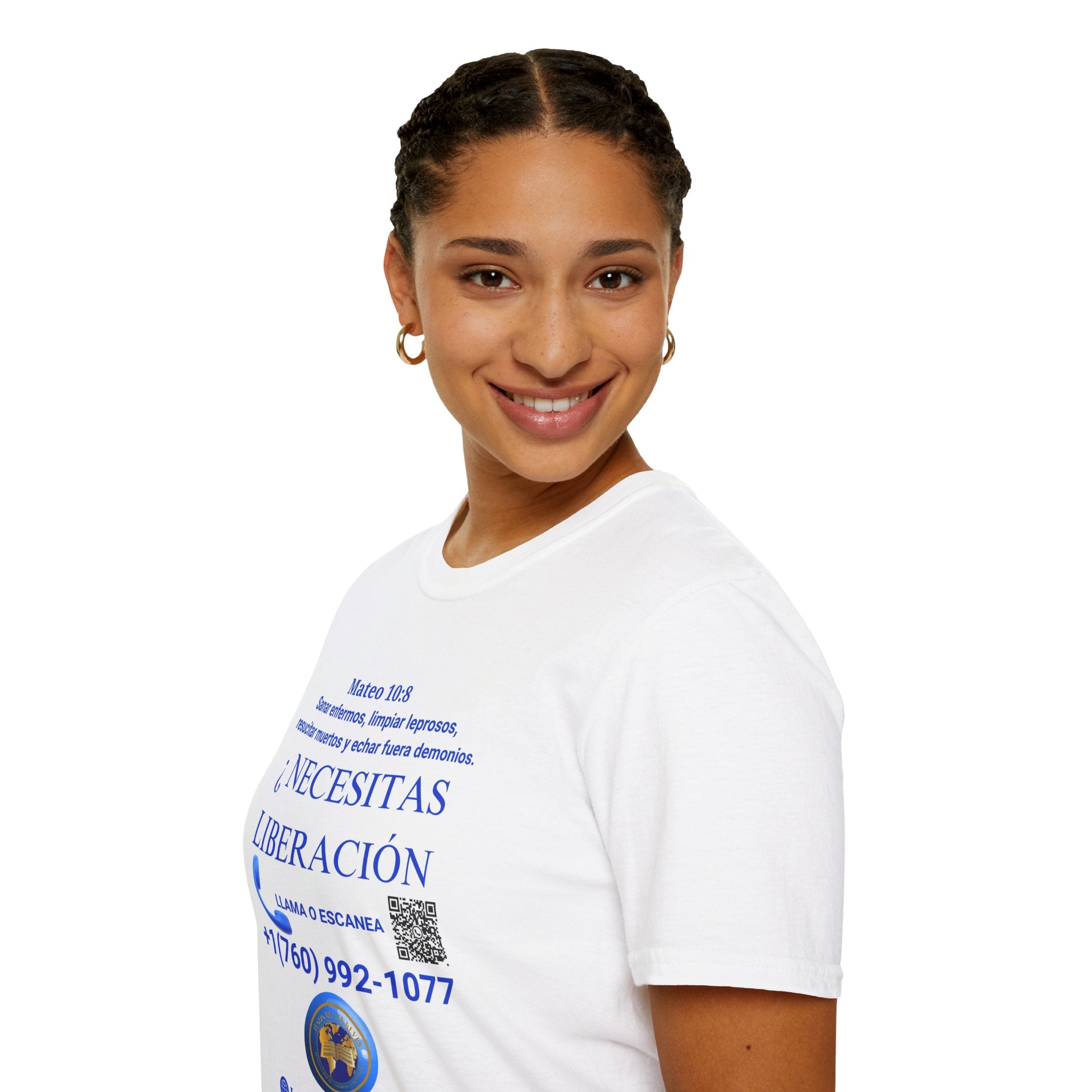 Evangelization Jesus Cristo Sana Y Libera Spanish Themed White T-Shirt  Unisex— ¿Necesitas Libertad? Spanish Faith Outreach Tee with Phone & QR