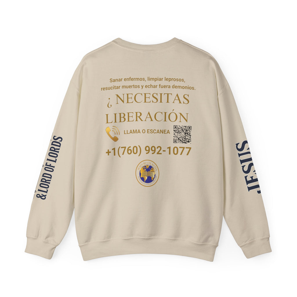 Christian Jesus Is Lord Crewneck Sweatshirt — "¿Necesitas Libertad / Liberación?" Spiritual Outreach Design
