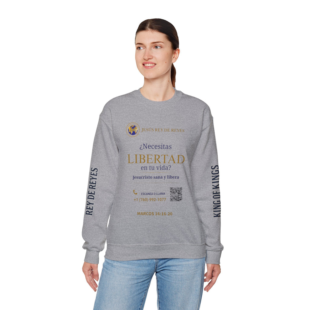 Christian Jesus Is Lord Crewneck Sweatshirt — "¿Necesitas Libertad / Liberación?" Spiritual Outreach Design