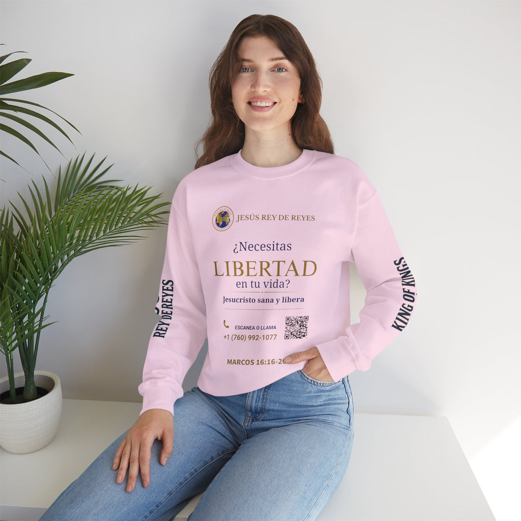 Christian Jesus Is Lord Crewneck Sweatshirt — "¿Necesitas Libertad / Liberación?" Spiritual Outreach Design