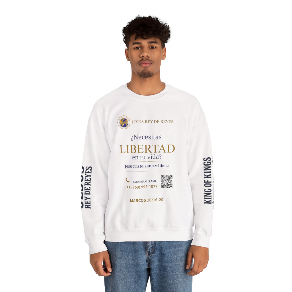 Christian Jesus Is Lord Crewneck Sweatshirt — "¿Necesitas Libertad / Liberación?" Spiritual Outreach Design