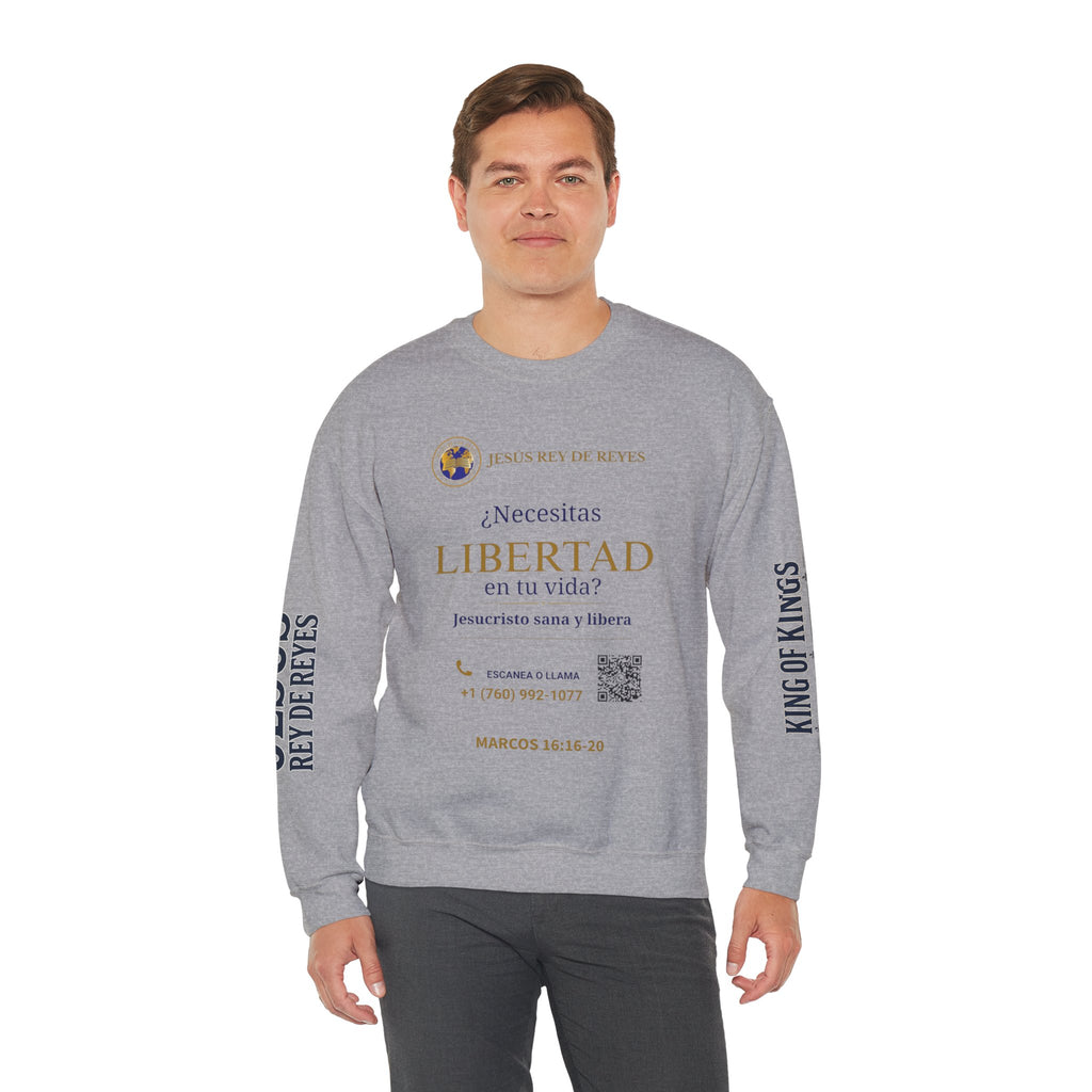 Christian Jesus Is Lord Crewneck Sweatshirt — "¿Necesitas Libertad / Liberación?" Spiritual Outreach Design