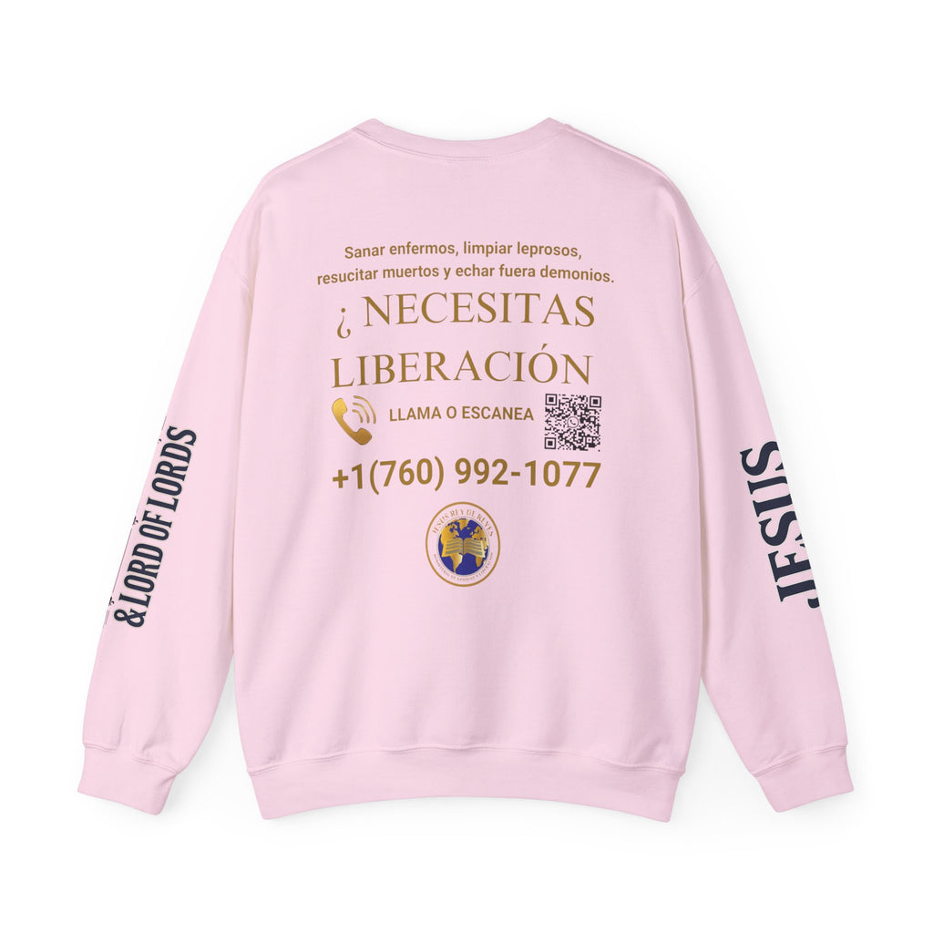 Christian Jesus Is Lord Crewneck Sweatshirt — "¿Necesitas Libertad / Liberación?" Spiritual Outreach Design